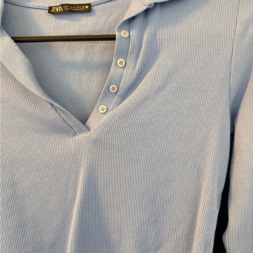 Zara Pale Blue Ribbed Button V-Neck Long Sleeve Top CROPPED